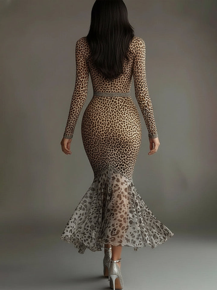 Leopard Print Deep V-Neck Mermaid Dress