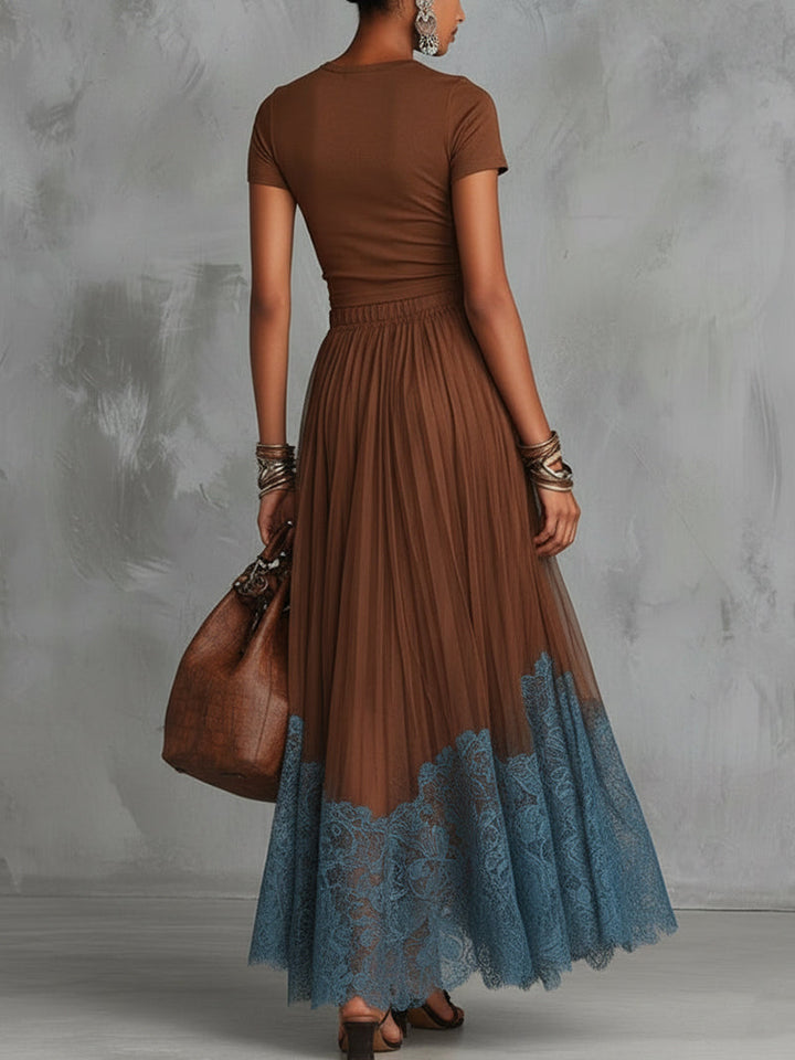 Brown Short Sleeve Shirt And Blue Lace-Trim Tulle Maxi Skirt Set