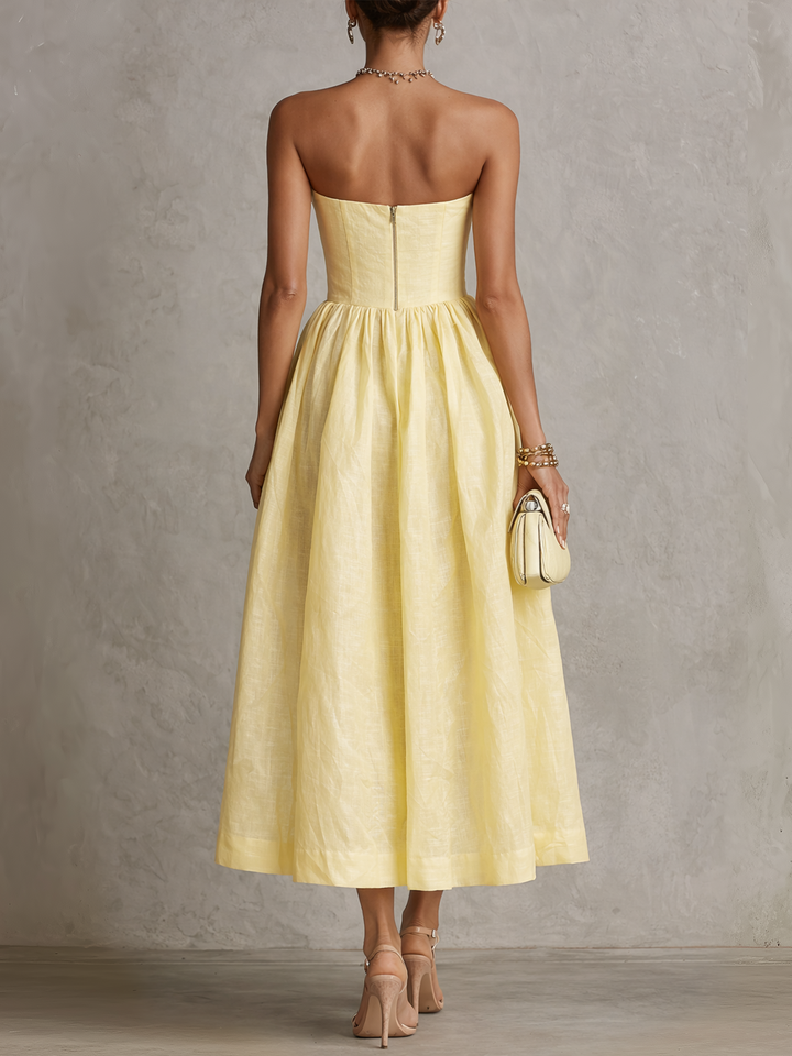 Yellow Strapless Floral Applique Midi Dress