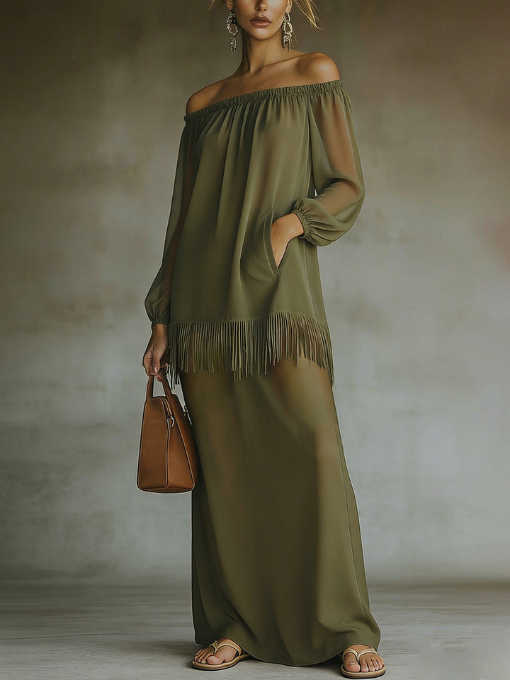 Olive Off-Shoulder Fringe Detail Maxi Two-Piece Set