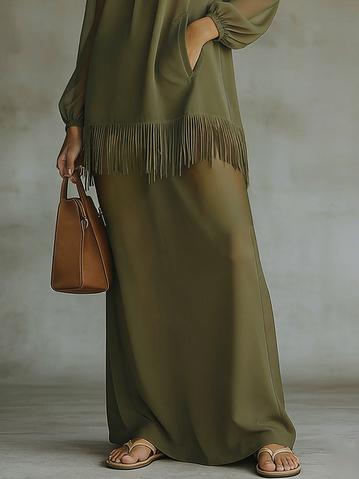Olive Off-Shoulder Fringe Detail Maxi Two-Piece Set