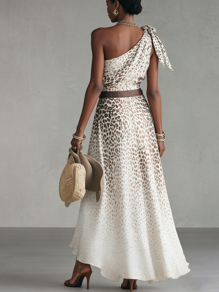 One-Shoulder Animal Print Belted Flowy Maxi Dress