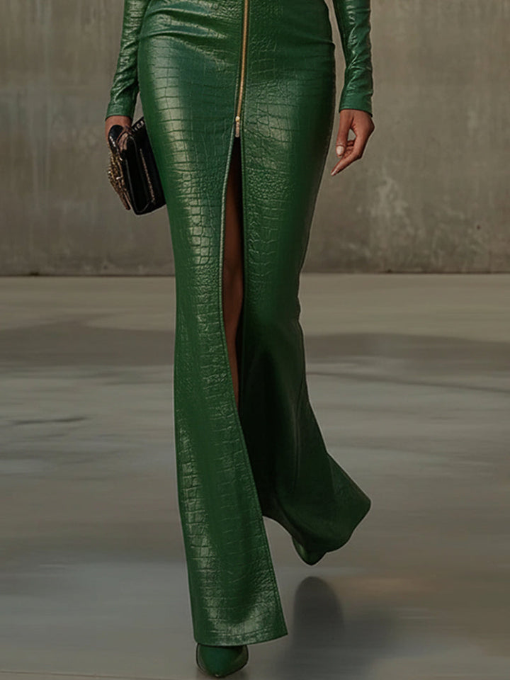 Green Elegance Croc Embossed Maxi Dress