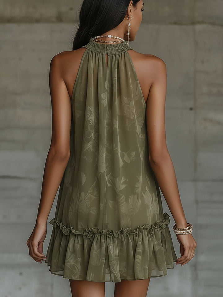 Olive Halter Neck Ruffled Hem Floral Chiffon Mini Dress