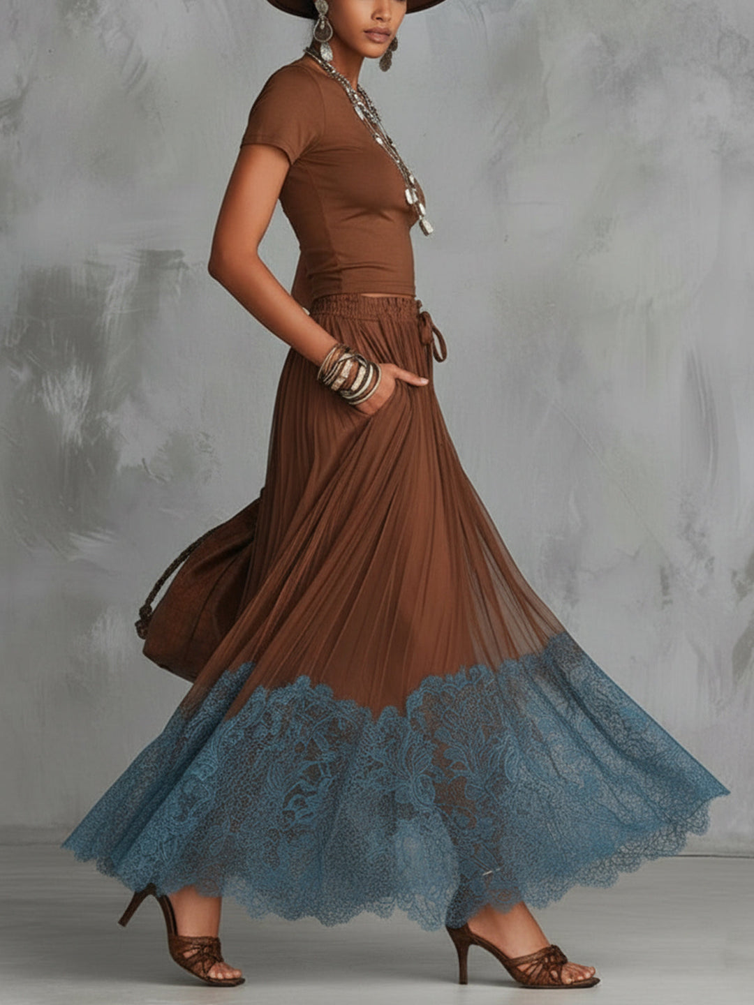 Brown Short Sleeve Shirt And Blue Lace-Trim Tulle Maxi Skirt Set
