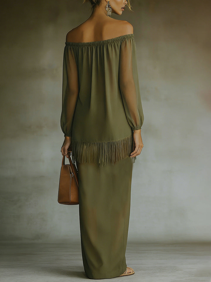 Olive Off-Shoulder Fringe Detail Maxi Two-Piece Set