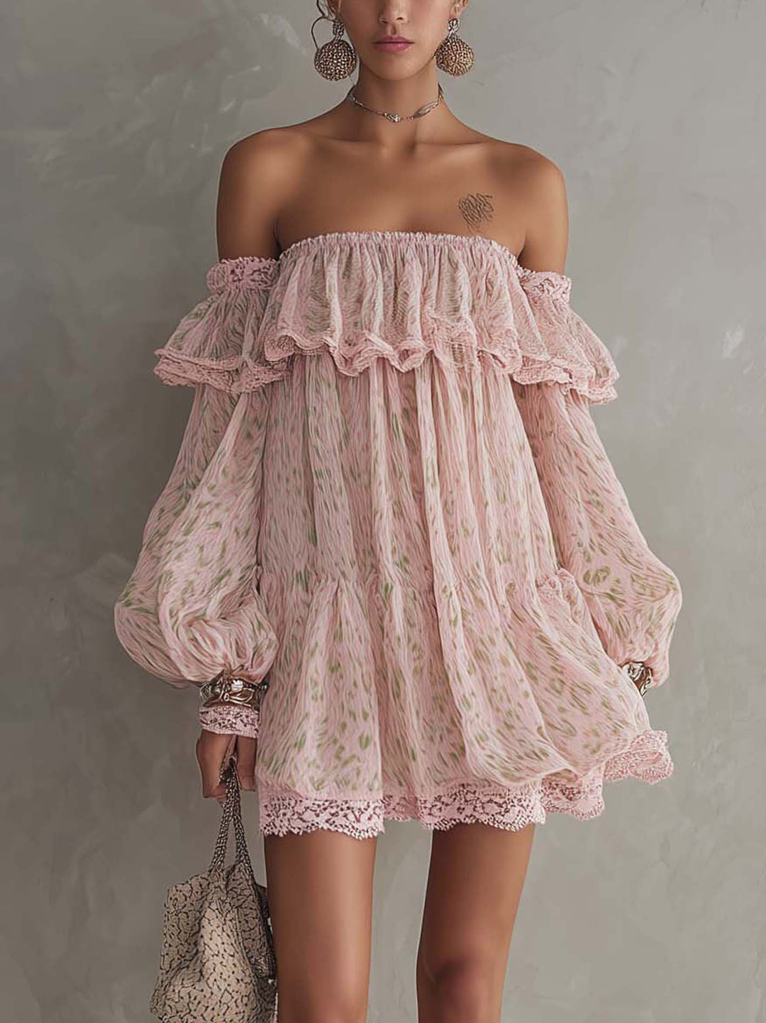 Pink Green Leopard Print Off Shoulder Chiffon Lace Ruffle Mini Dress