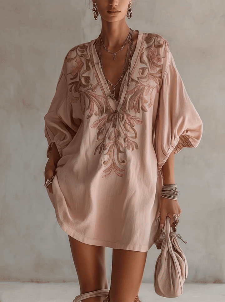 Pink Cotton Linen Mini Dress With Vintage Floral Embroidery