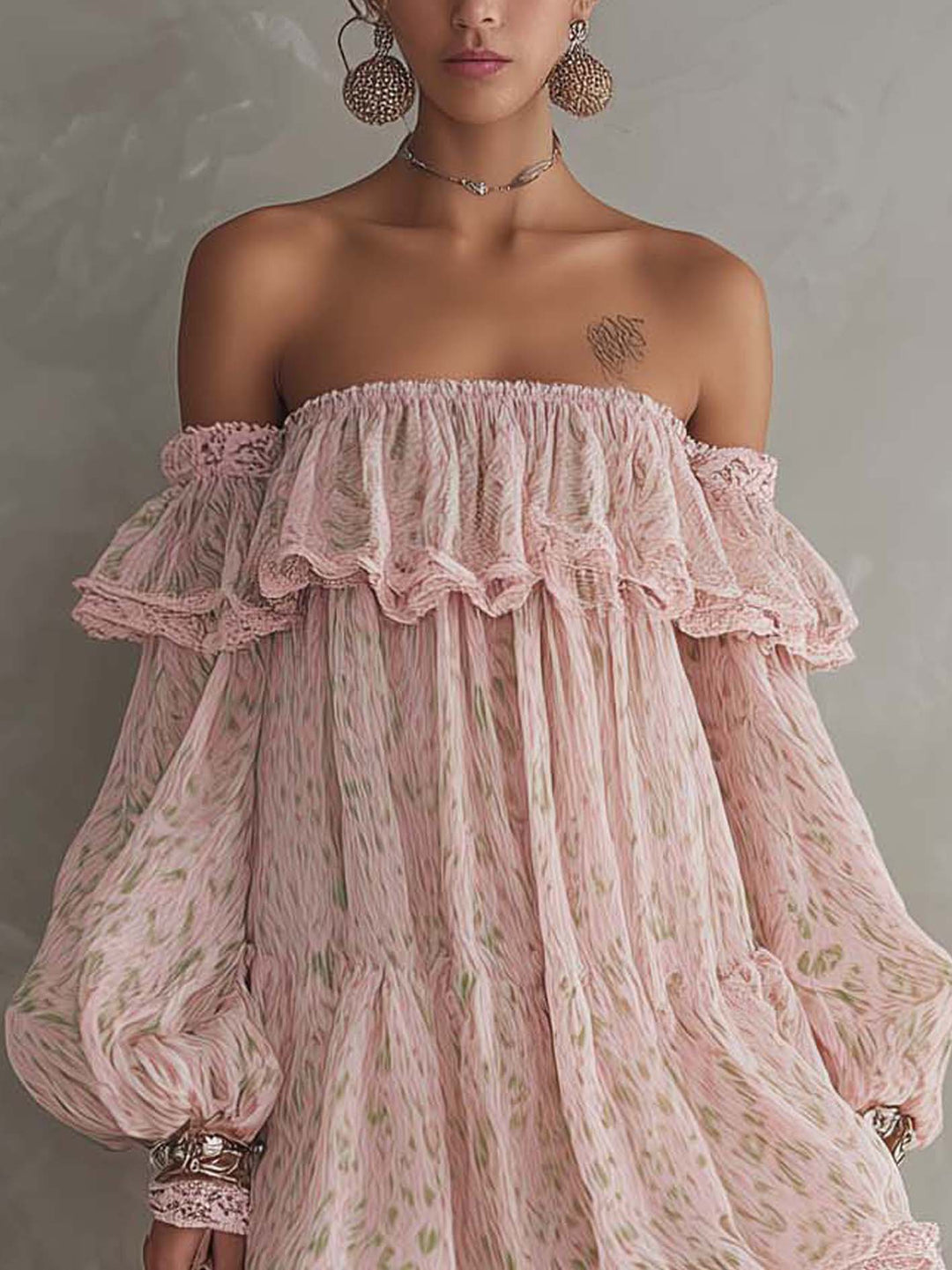 Pink Green Leopard Print Off Shoulder Chiffon Lace Ruffle Mini Dress