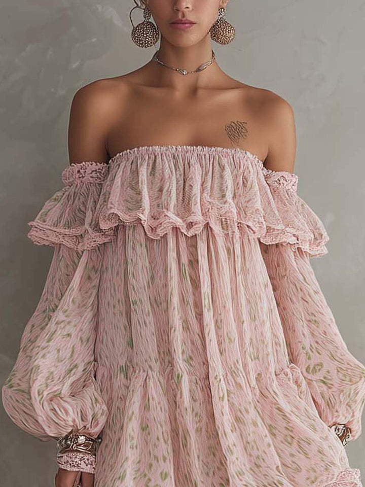 Pink Green Leopard Print Off Shoulder Chiffon Lace Ruffle Mini Dress