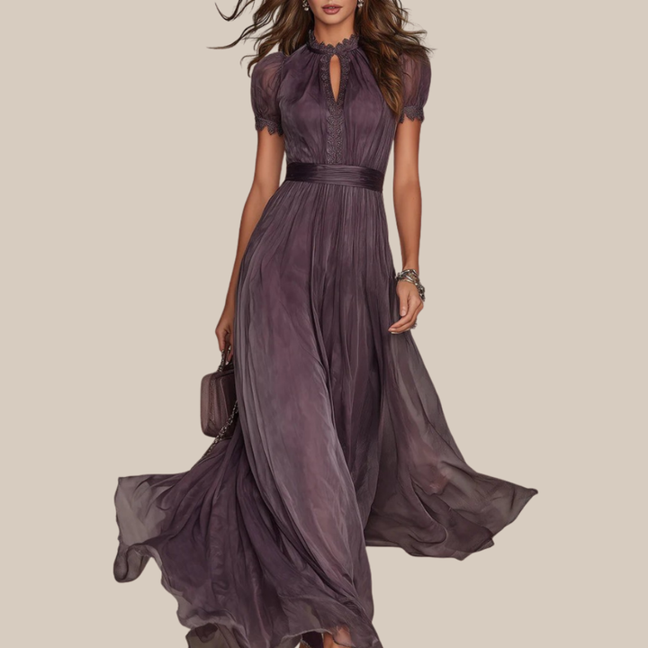 Olivia | Long Purple Dress Keyhole Neckline Chiffon Lace Trim