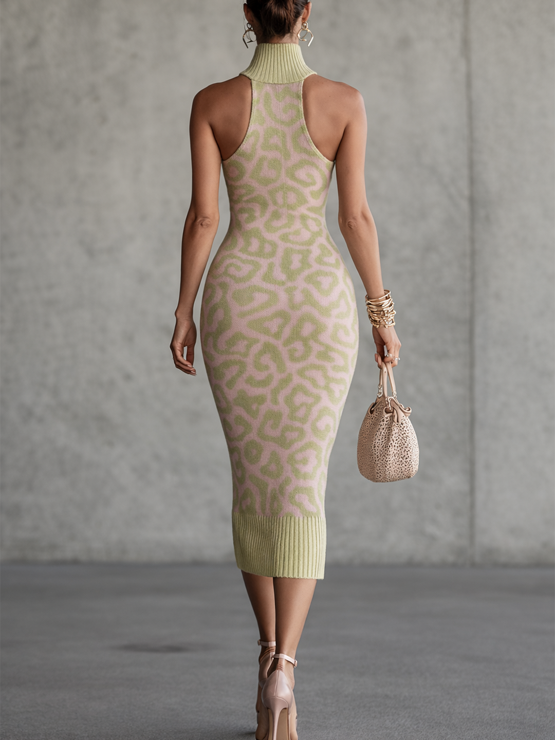 Green Abstract Leopard Knit Halter Midi Dress