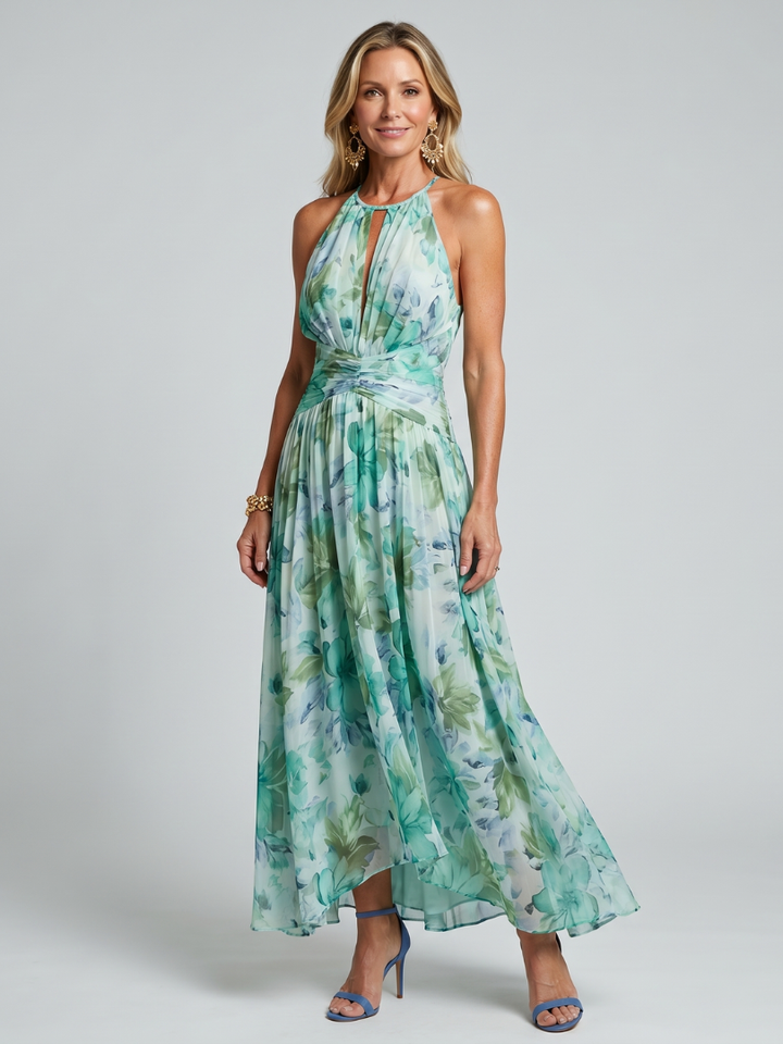 Chloe - Pleated Halter Soft Floral Pattern Midi Dress