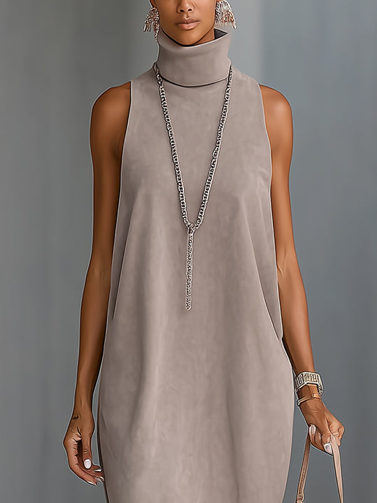 Gray Faux Suede Fringe Hem Sleeveless Turtleneck Midi Dress