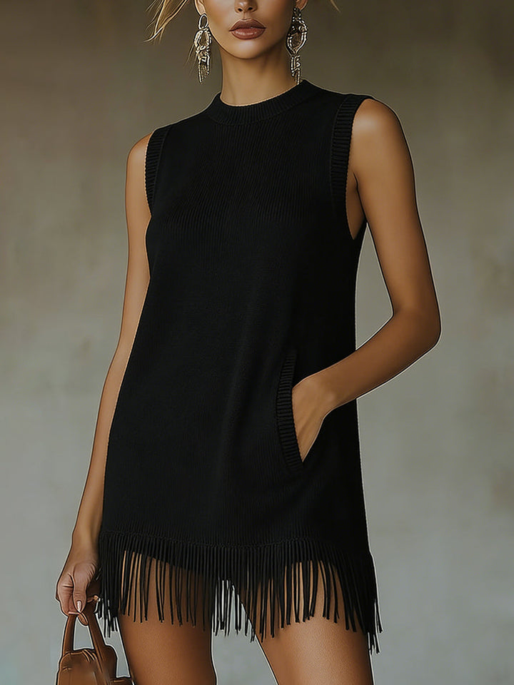 Olive Green Sleeveless Knit Mini Dress With Fringe Hem