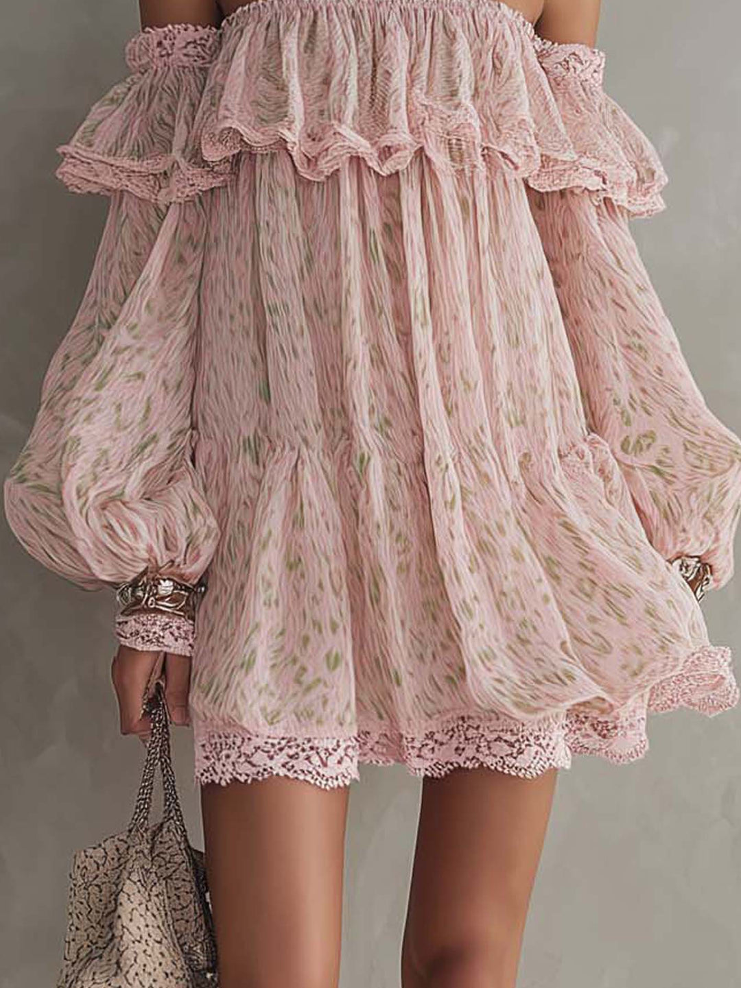 Pink Green Leopard Print Off Shoulder Chiffon Lace Ruffle Mini Dress