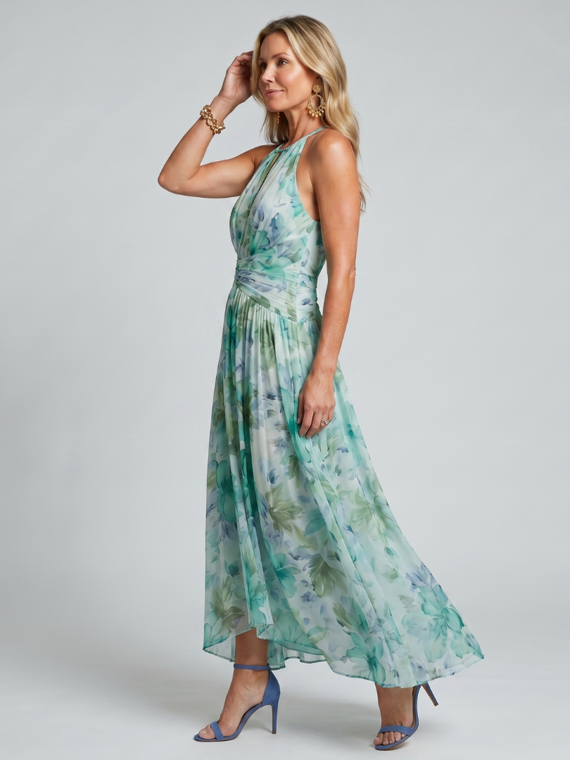 Chloe - Pleated Halter Soft Floral Pattern Midi Dress