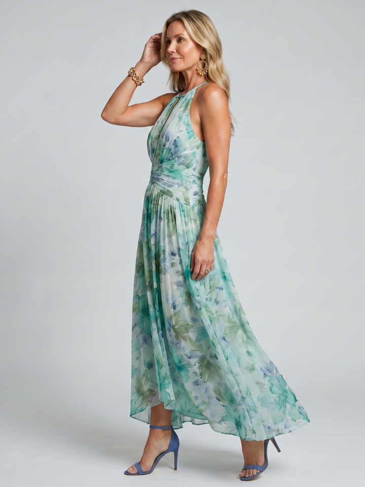Chloe - Pleated Halter Soft Floral Pattern Midi Dress