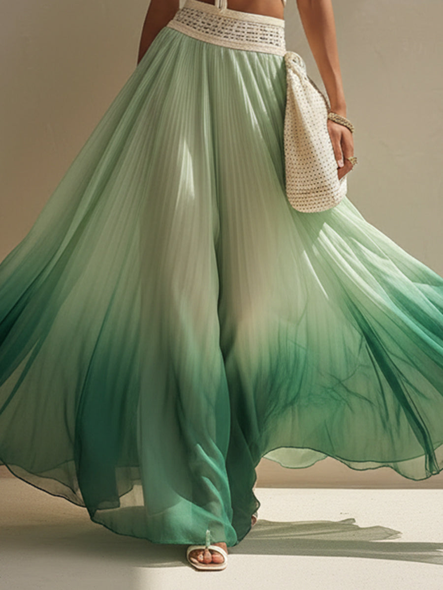 Green Gradient Chiffon Pleated Skirt Set