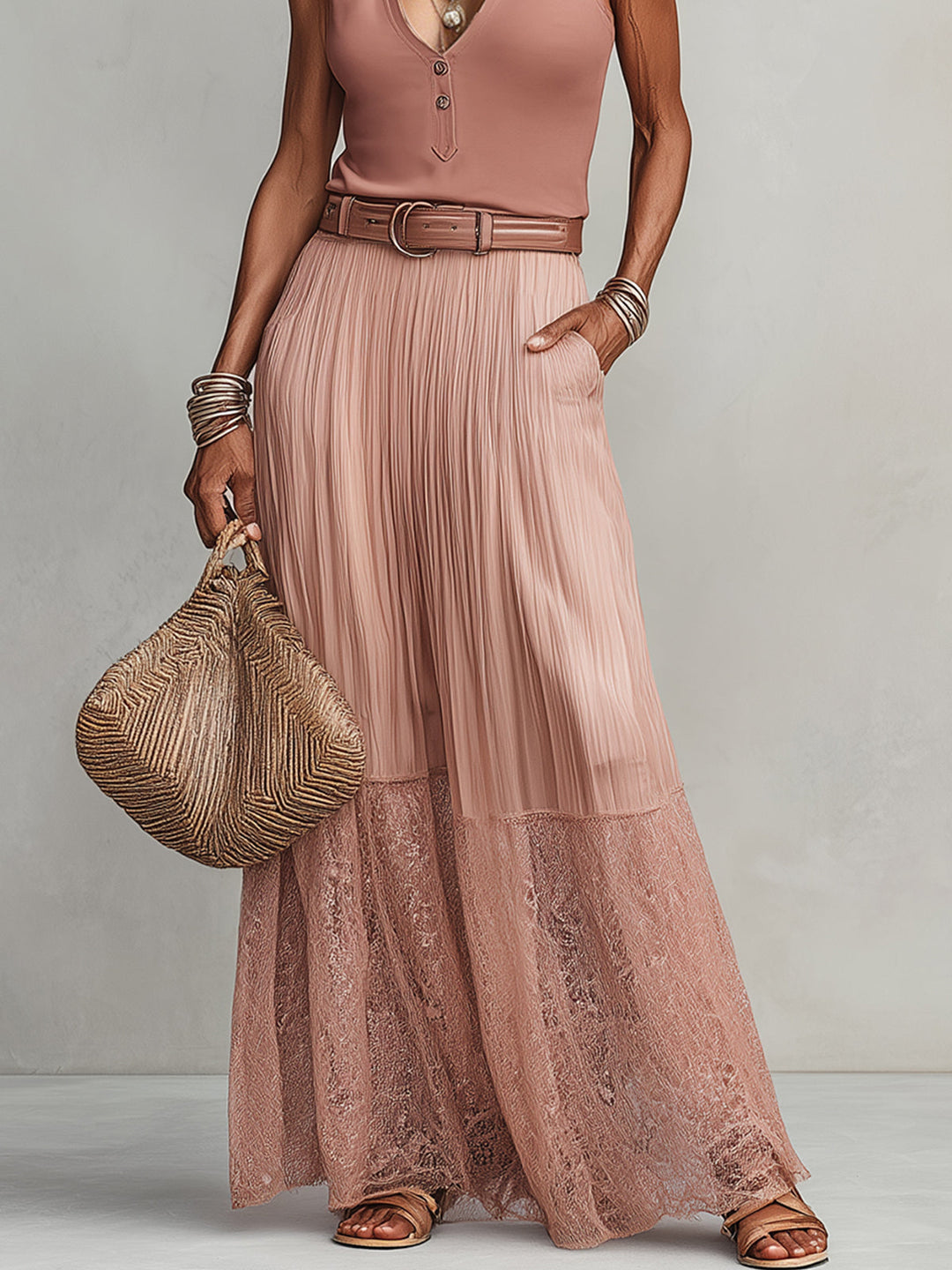 Pink Pleated Lace Hem Maxi Skirt & Deep V-Neck Sleeveless Top Set
