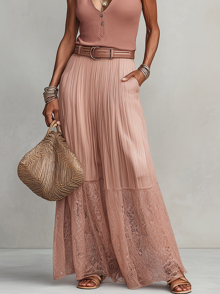Pink Pleated Lace Hem Maxi Skirt & Deep V-Neck Sleeveless Top Set