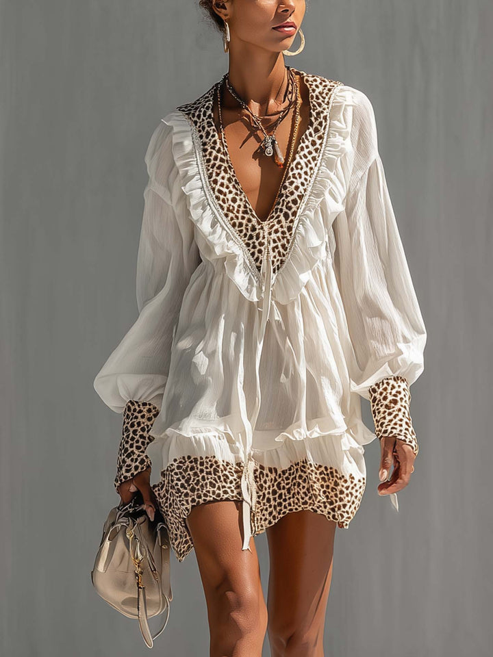 White Leopard Print Chiffon Ruffle Mini Dress