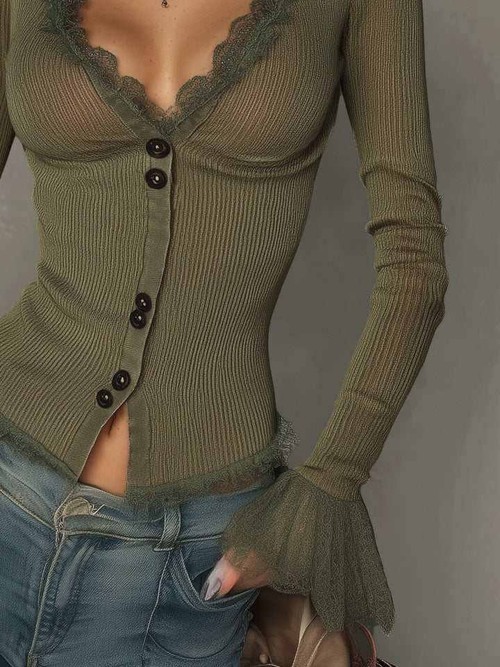 Olive Sheer Lace Knit Long Sleeve Top