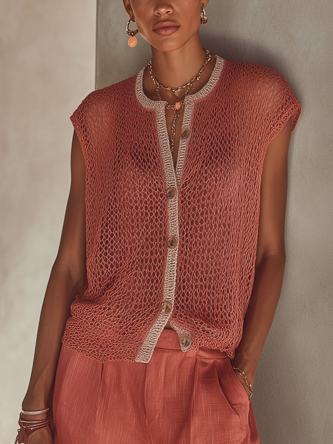 Red Open-Knit Button-Front Top & High-Waist Shorts Set
