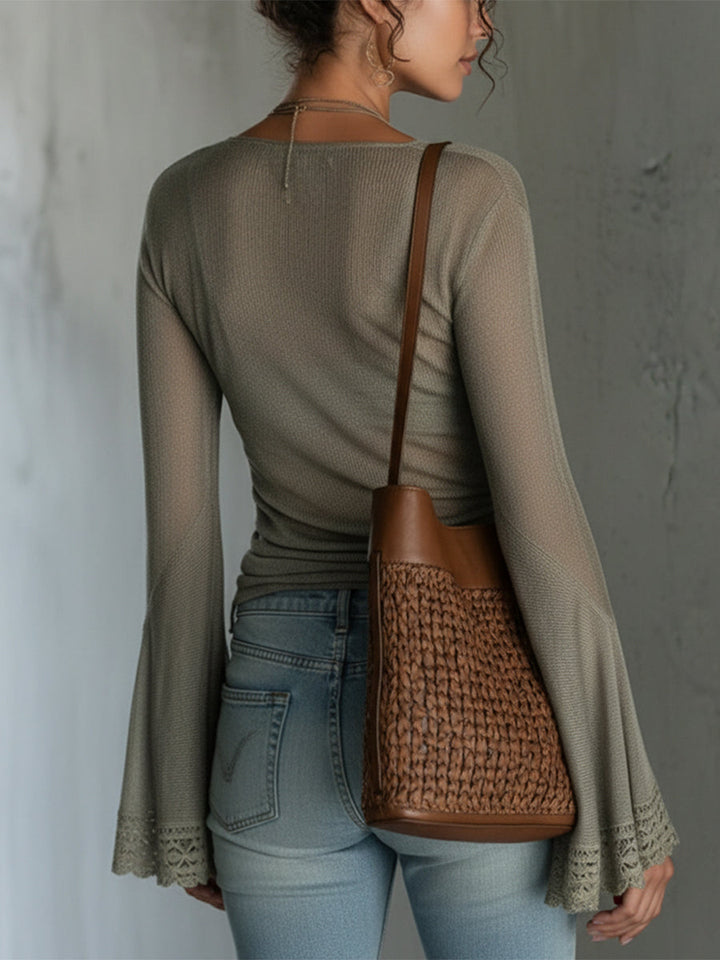 Green Sheer Knit Top With Lace Cuff Sleeves