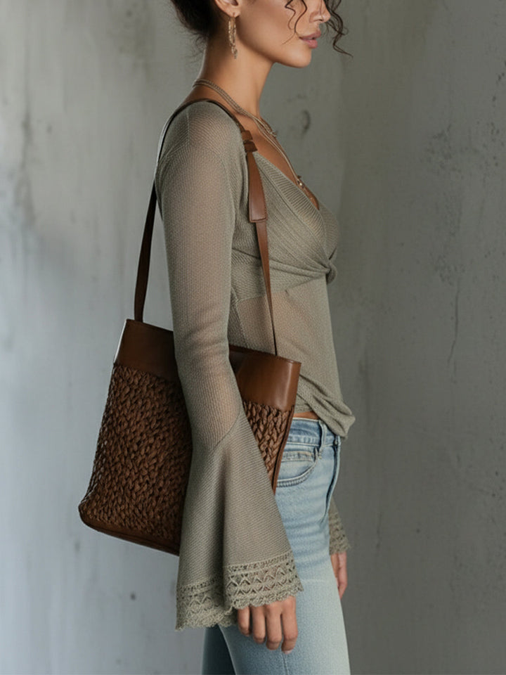 Green Sheer Knit Top With Lace Cuff Sleeves