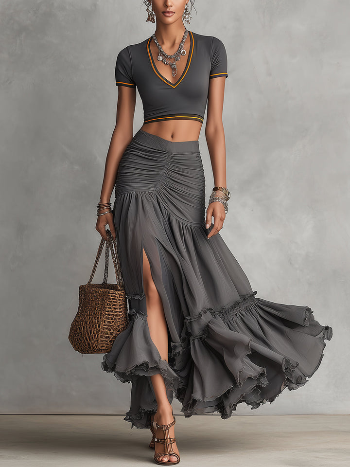 Gray T-shirt And Ruched High-Slit Layered Ruffle Maxi Skirt Set