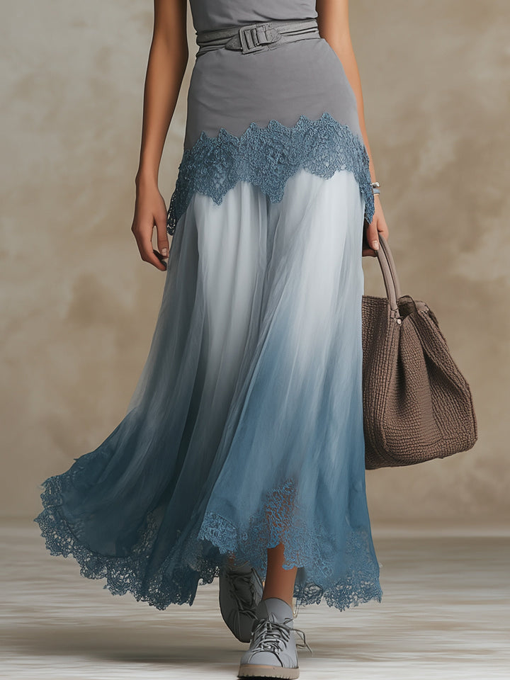 Gray T-shirt And Blue Ombre Lace Hem Flowing Maxi Skirt