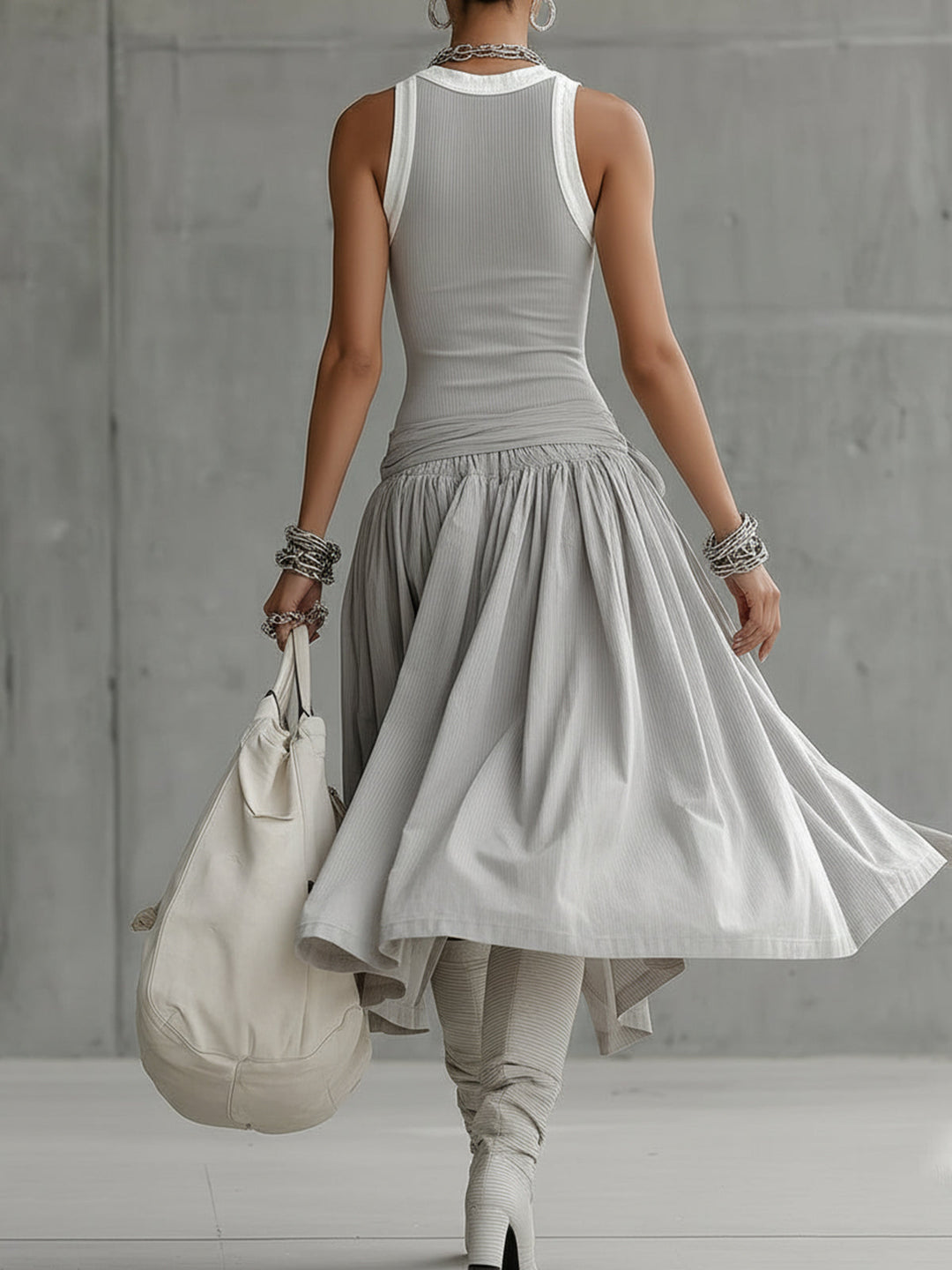 Gray Ribbed Tank Bodice Draped Midi Dress