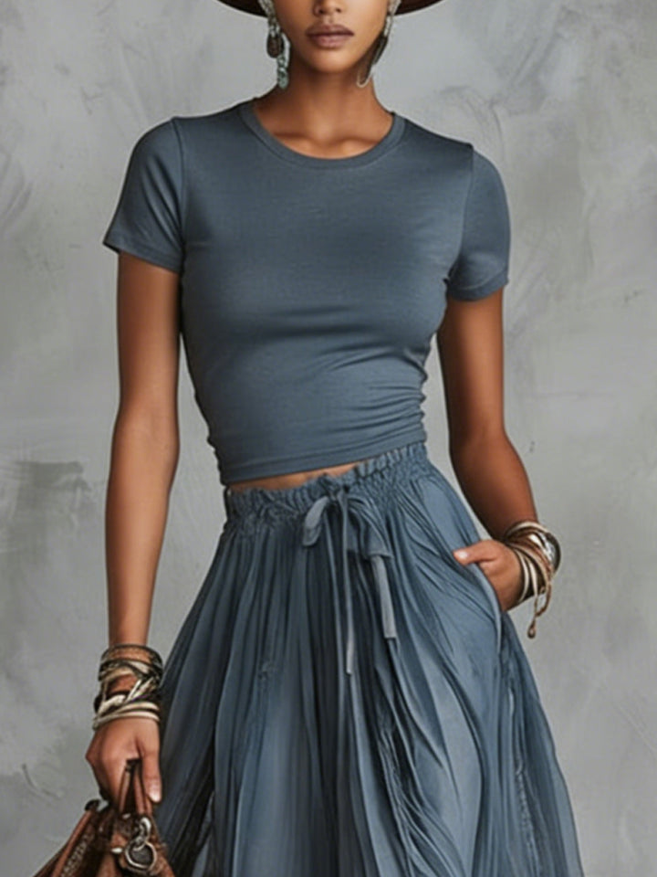 Brown Short Sleeve Shirt And Blue Lace-Trim Tulle Maxi Skirt Set