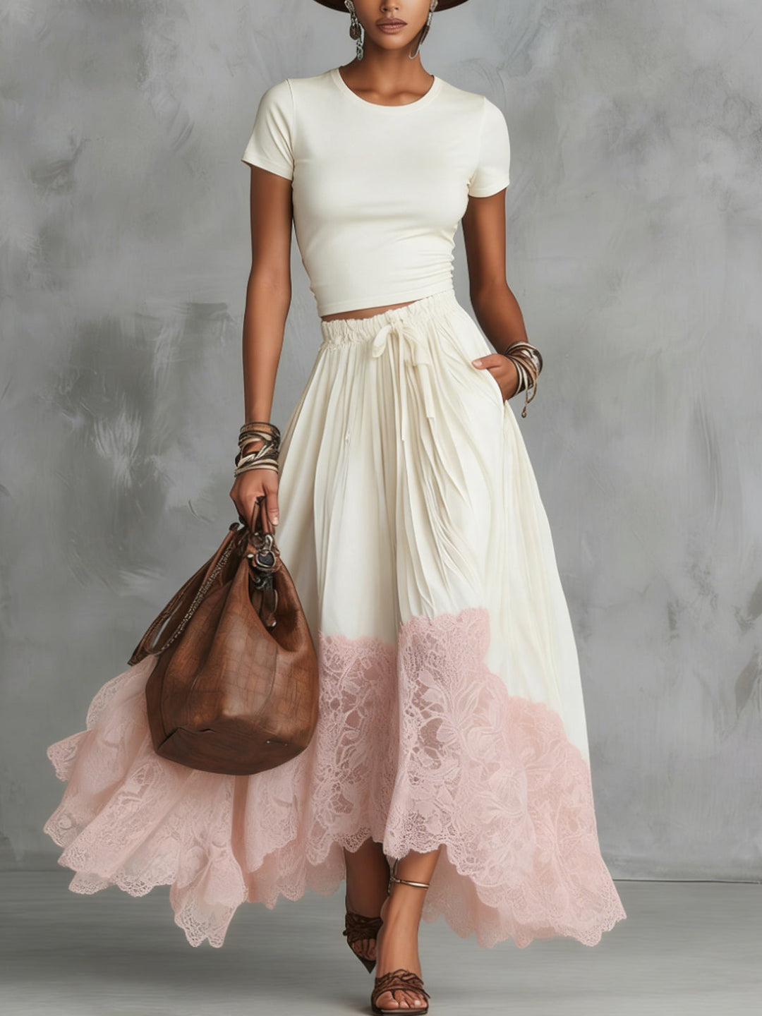Brown Short Sleeve Shirt And Blue Lace-Trim Tulle Maxi Skirt Set
