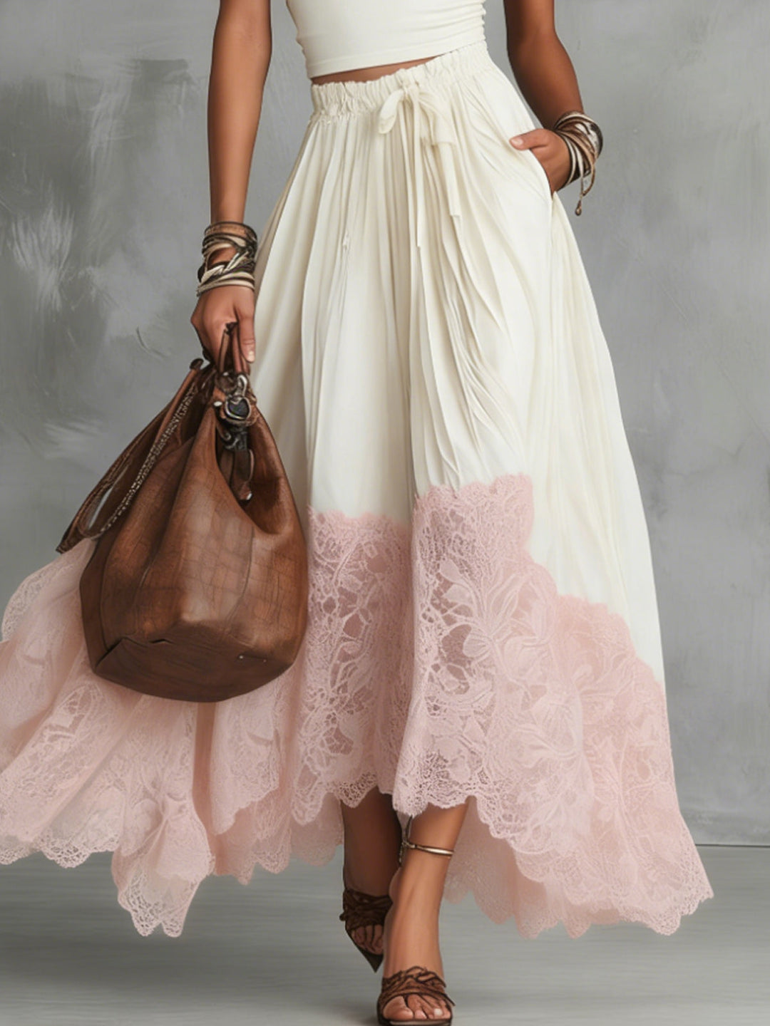 Brown Short Sleeve Shirt And Blue Lace-Trim Tulle Maxi Skirt Set