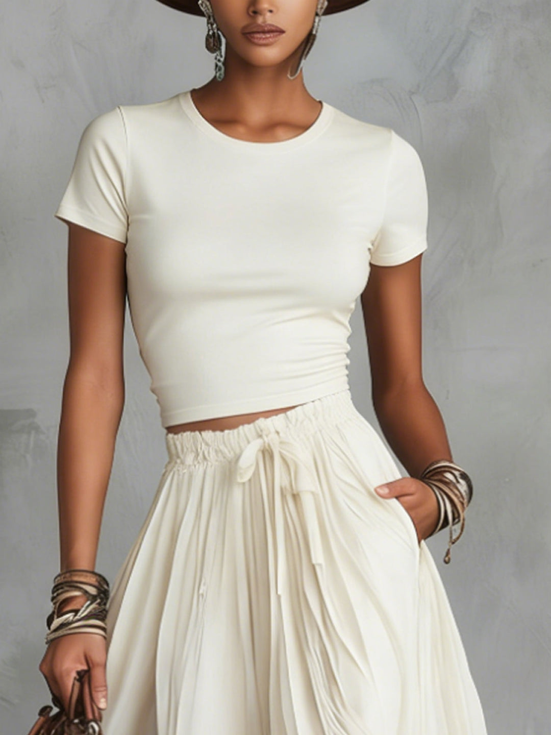 Brown Short Sleeve Shirt And Blue Lace-Trim Tulle Maxi Skirt Set