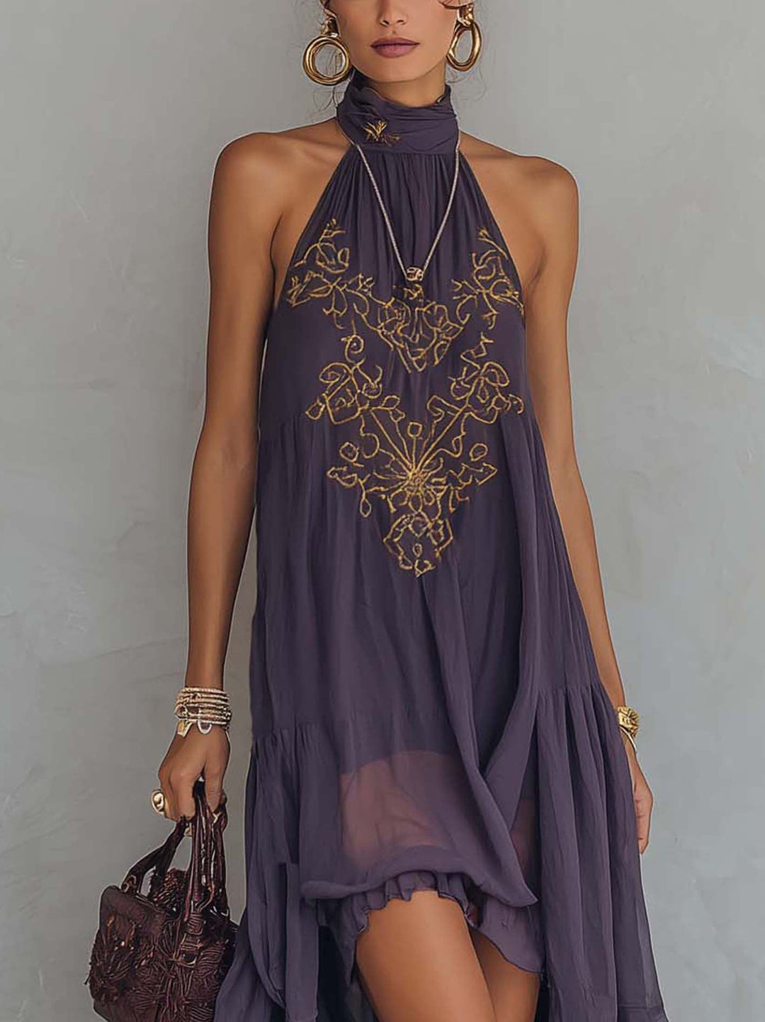 Lavender Purple Chiffon Maxi Dress Vintage Baroque Embroidered
