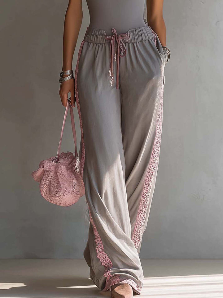 Gray And Pink Lace Trim Tank Top And Wide Leg Pants Set