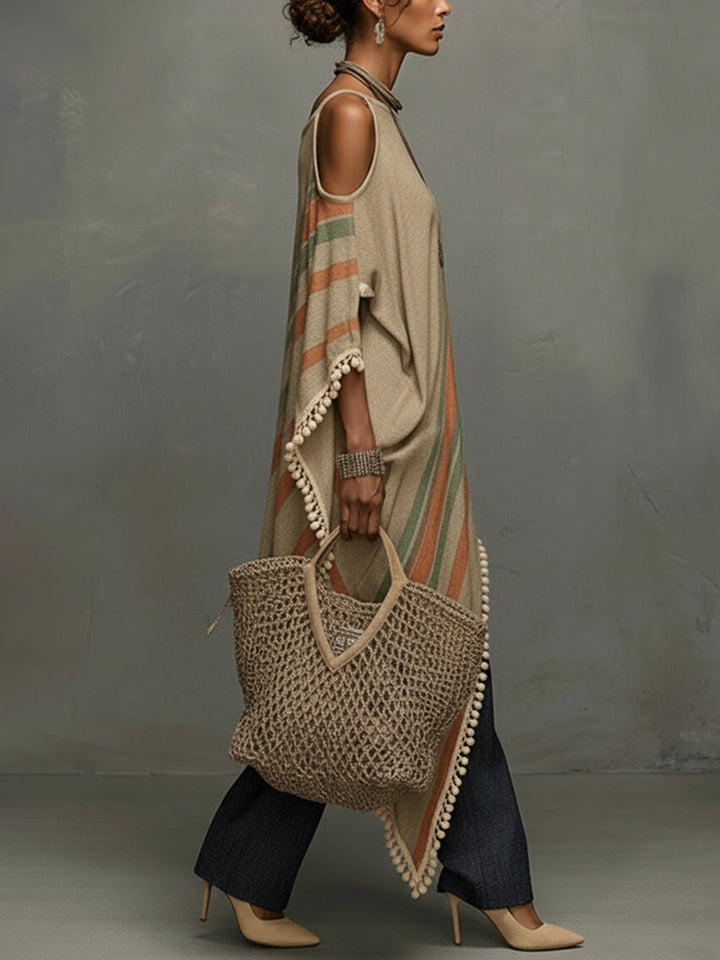 Khaki Linen Blend Printed Off Shoulder Dress With Fringe Hem
