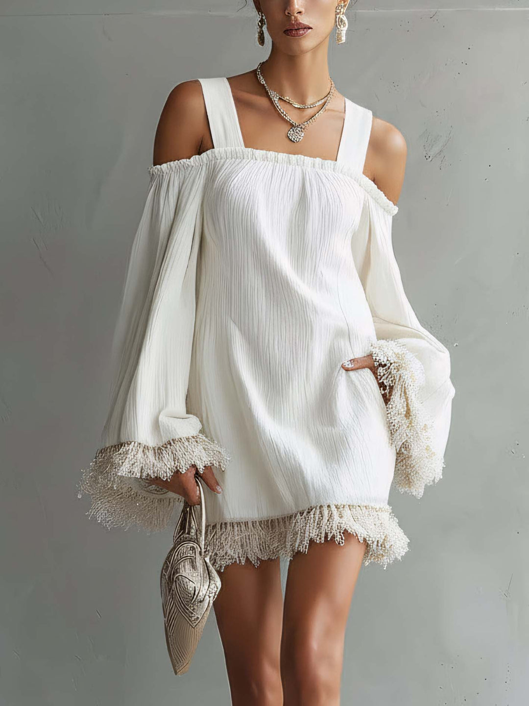 White Cotton-Linen Mini Dress With Tassel Trim And Shoulder Straps