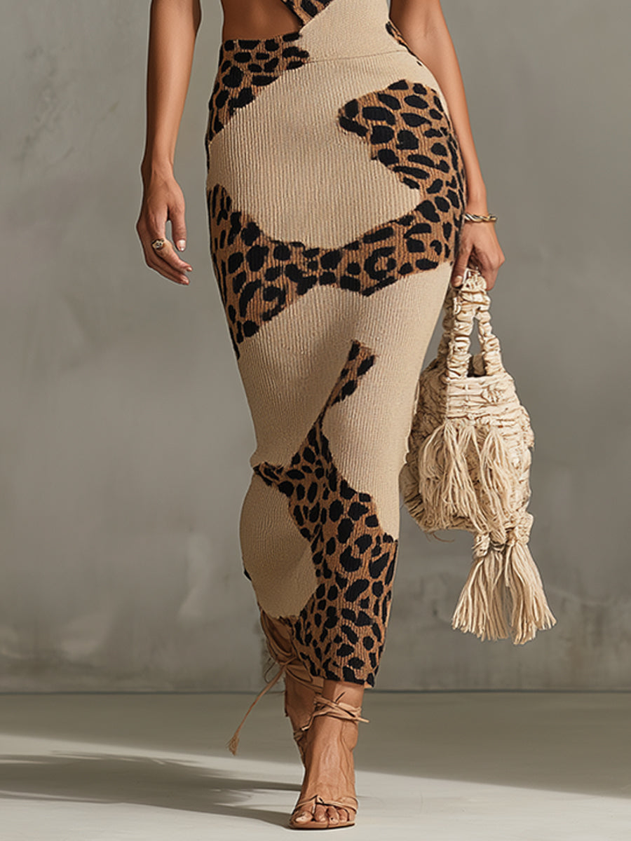 Brown Sleeveless Asymmetric Leopard Knit Bodycon Dress