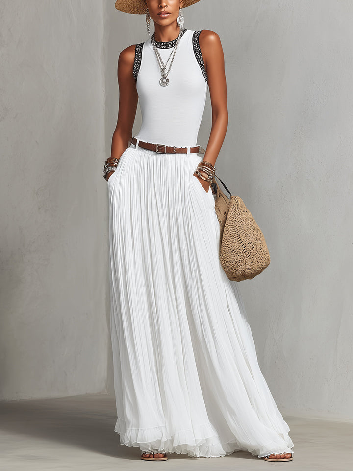 White Pleated Lace Shoulder Two-Piece Maxi Set
