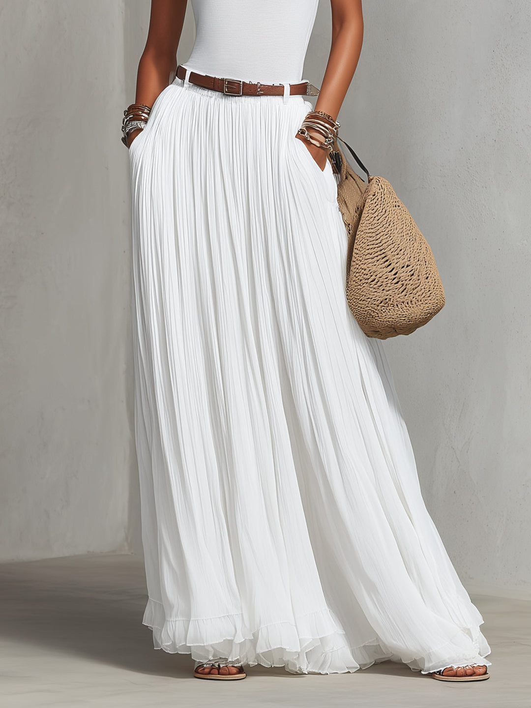 White Pleated Lace Shoulder Two-Piece Maxi Set