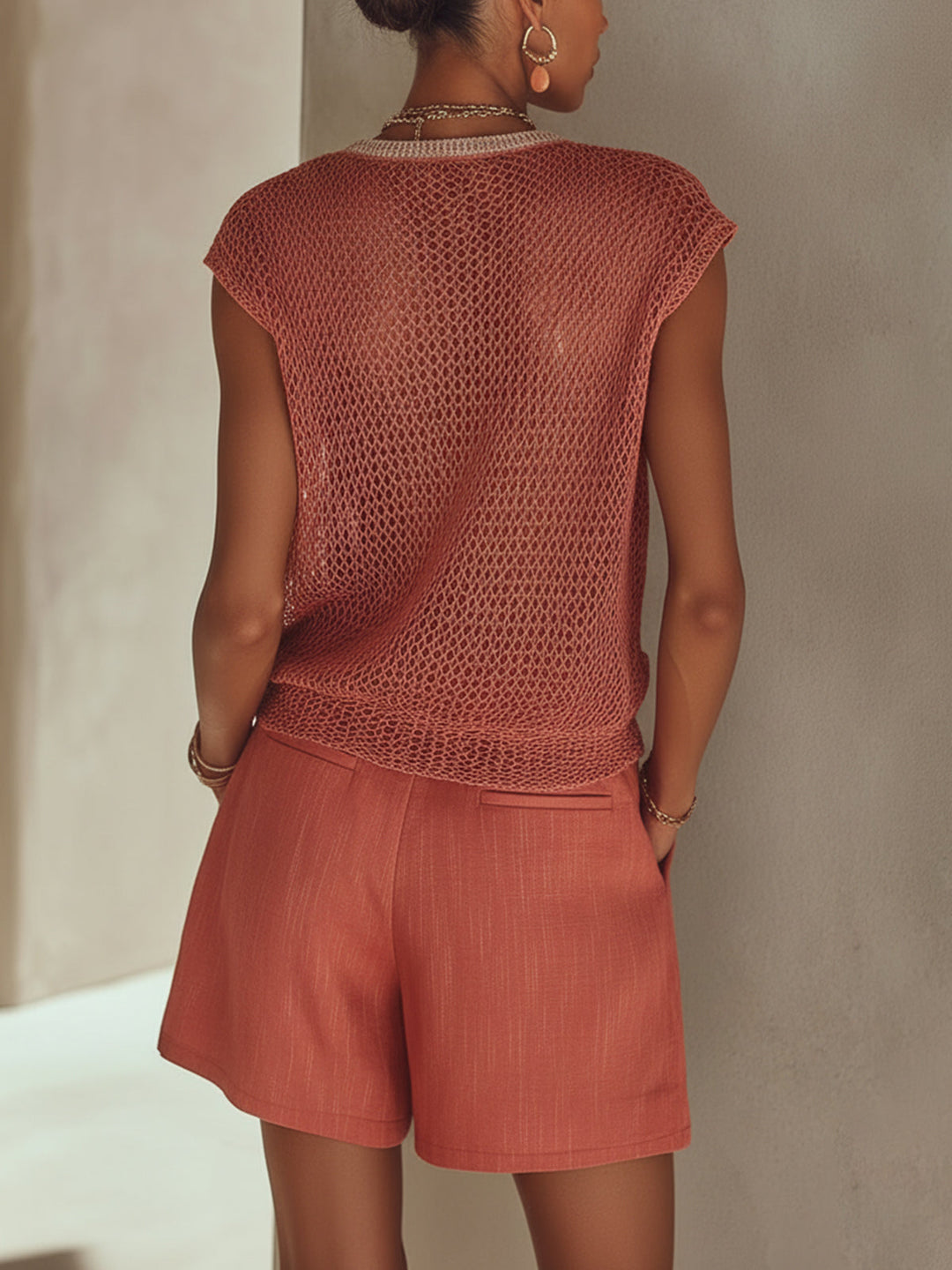 Red Open-Knit Button-Front Top & High-Waist Shorts Set