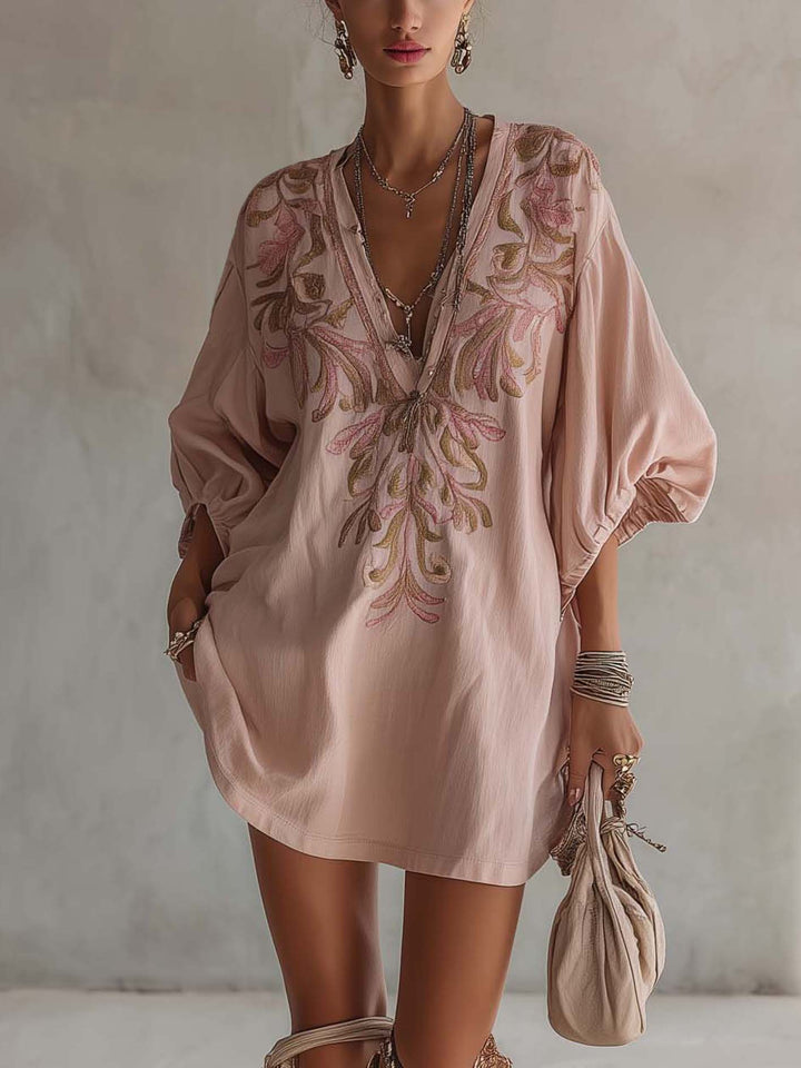 Pink Cotton Linen Mini Dress With Vintage Floral Embroidery