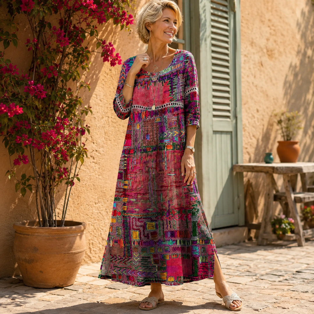 Lisa | Denim dress with ethnic patchwork