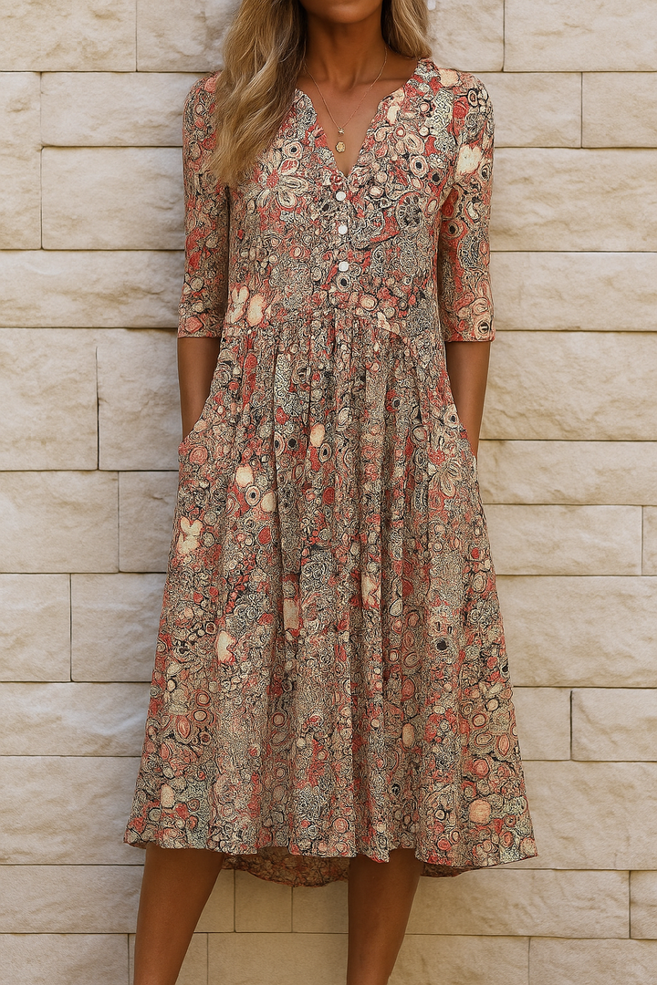 Eliskaa - Elegant Floral Dress With V-Neck