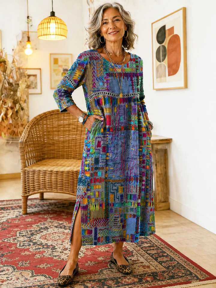 Lisa | Denim dress with ethnic patchwork
