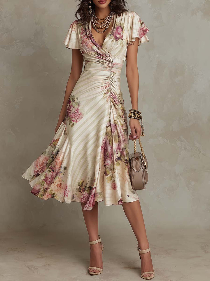 Luisa | Elegant retro floral satin midi dress